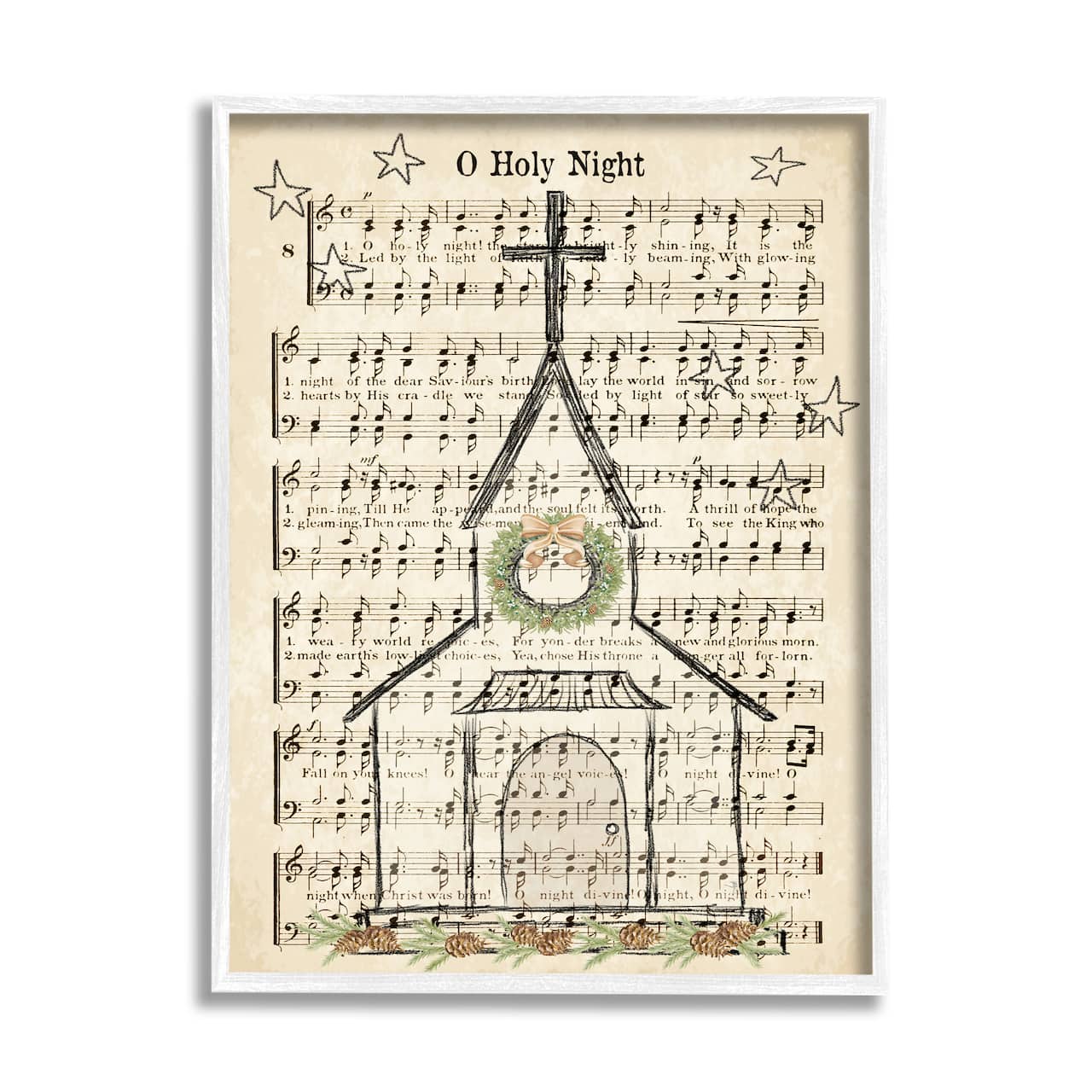 Stupell Industries Festive Winter Church Holy Night Musical Script Framed Wall Art